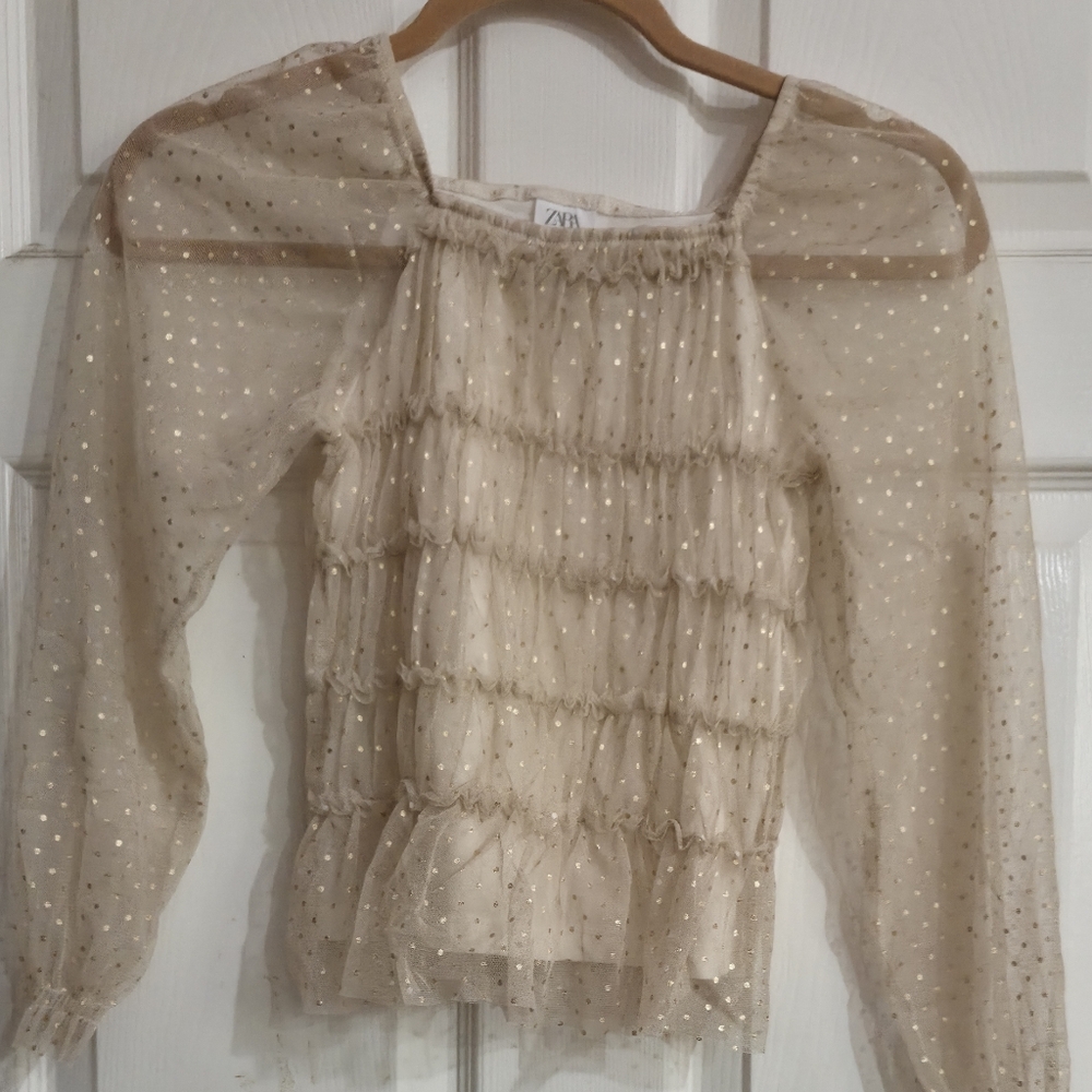 Zara Sheer Gold Polka Dot Top